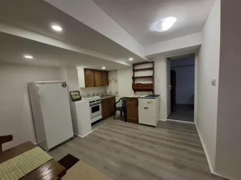 Manja kuhinja sa drvenim elementima, frižiderom i šporetom. - image 8