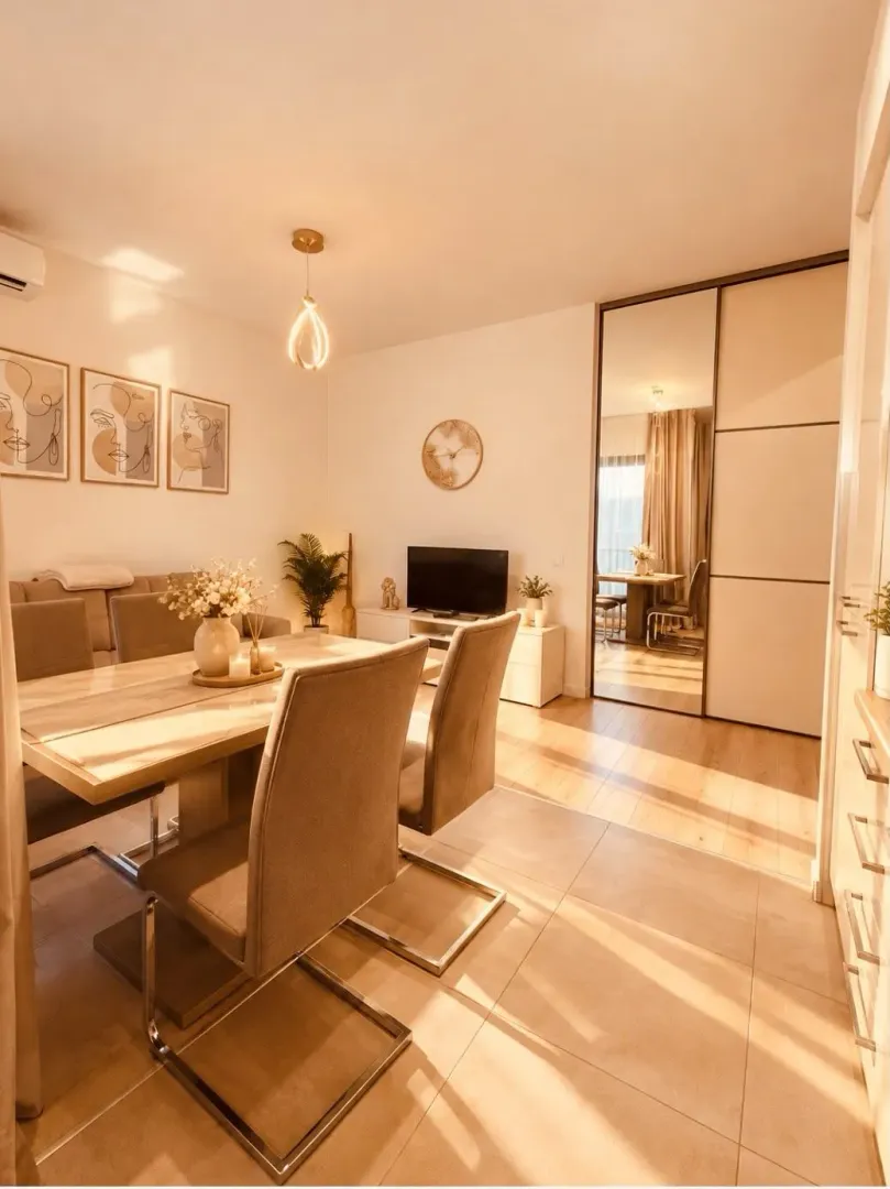Modern and bright living room with a dining area.