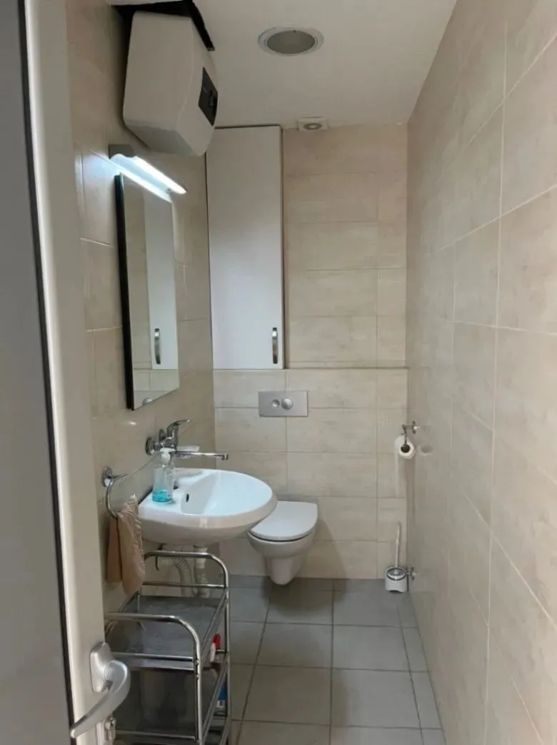 Smaller bathroom with a washbasin, toilet, and mirror.