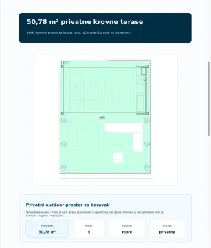 Plan privatne krovne terase površine 50,78 m² sa prostorom za sjedenje i ručavanje. - image 3