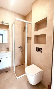 Modern bathroom equipped with a walk-in shower, washbasin, and toilet. - image 7