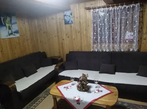 Dnevna soba sa drvenim oblogama na zidovima i garniturom za sjedenje. - image 6