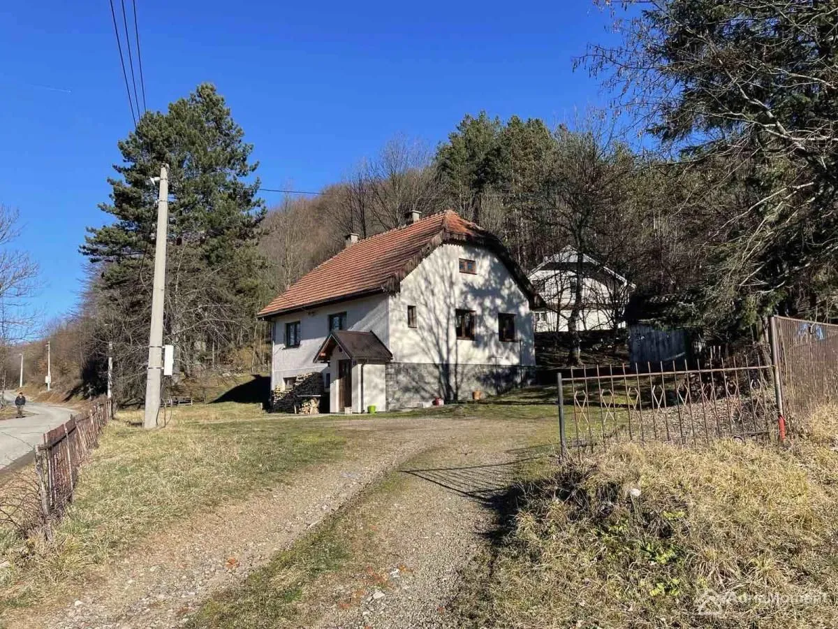 Pogled na eksterijer kuće sa dvoriijem i ogradom u šumskom okruženju.