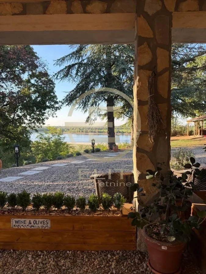 Pogled sa natkrivene terase na dvorište i reku.
