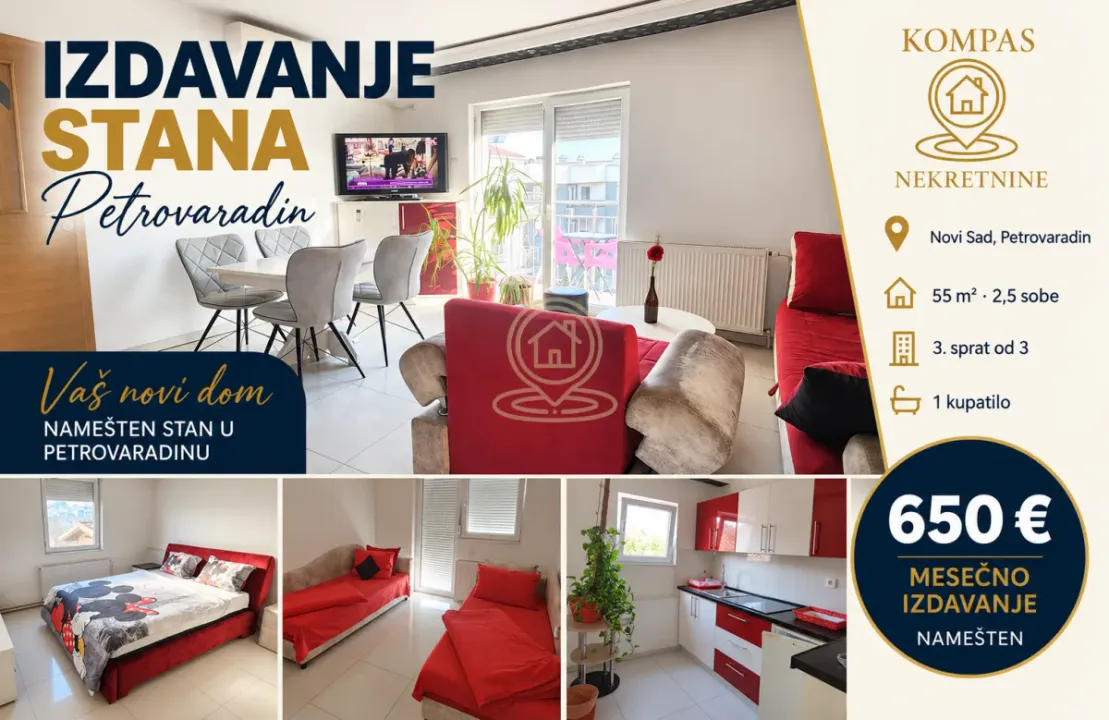 Rent, two bedroom apartment, 55m², Petrovaradin, Novi Sad