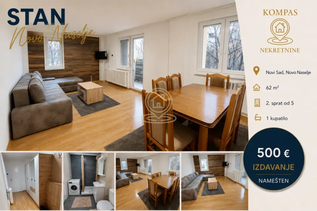 Rent, two bedroom apartment, 62m², Novo naselje, Novi Sad