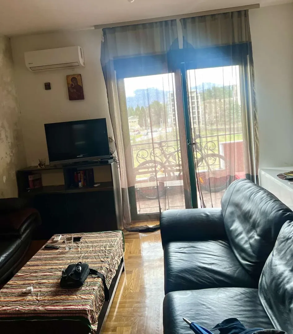 Dnevna soba sa kožnom garniturom i izlazom na balkon.