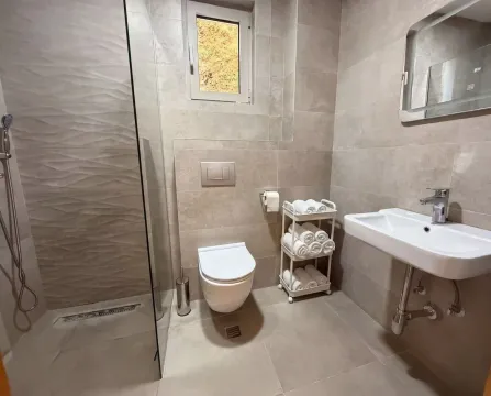 Modern tiled bathroom with a walk-in shower, washbasin, and toilet. - image 11