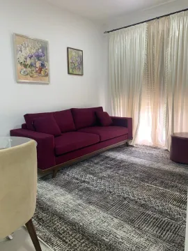 Dnevna soba sa ljubičastom garniturom, tepihom i umjetničkim slikama na zidu. - image 6