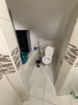 Small bathroom with a toilet under a slanted ceiling. - image 10