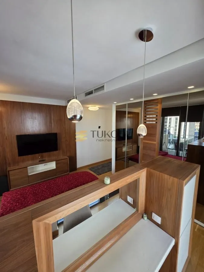 Living room with wooden wall paneling, a TV, and a built-in wardrobe.