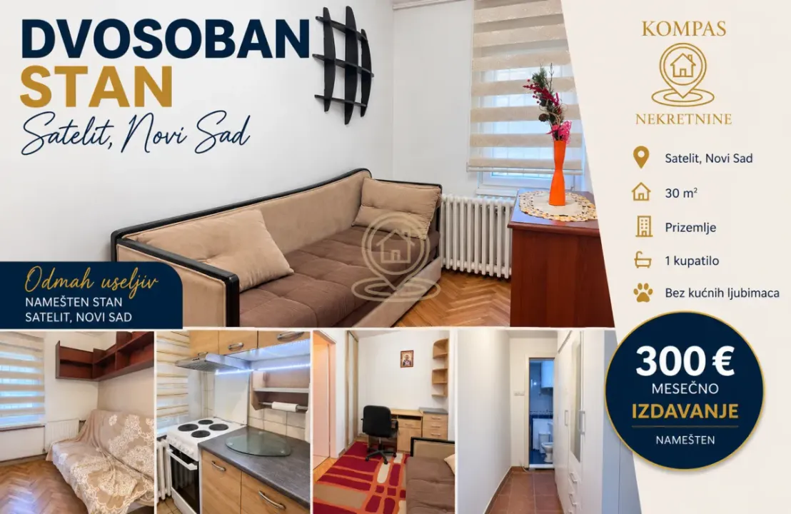 Izdavanje, dvosoban stan, 30m², Satelit, Novi Sad Sve Podlokacije
