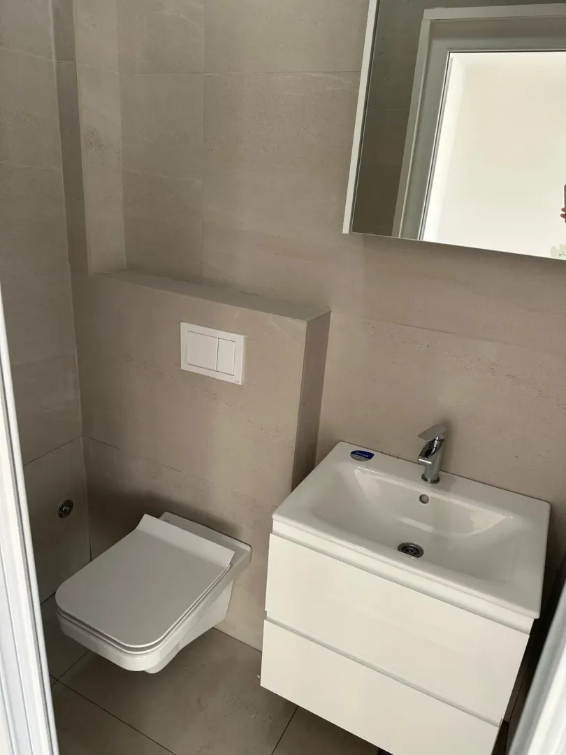 Small bathroom with a sink, mirror, and toilet.