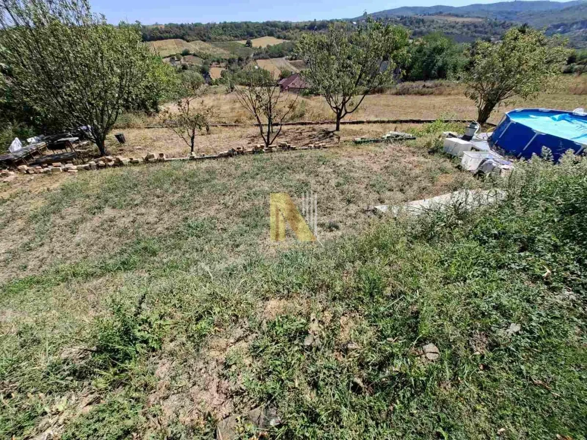 Prostrano dvorište sa travnjakom, voćnjakom i bazenom.