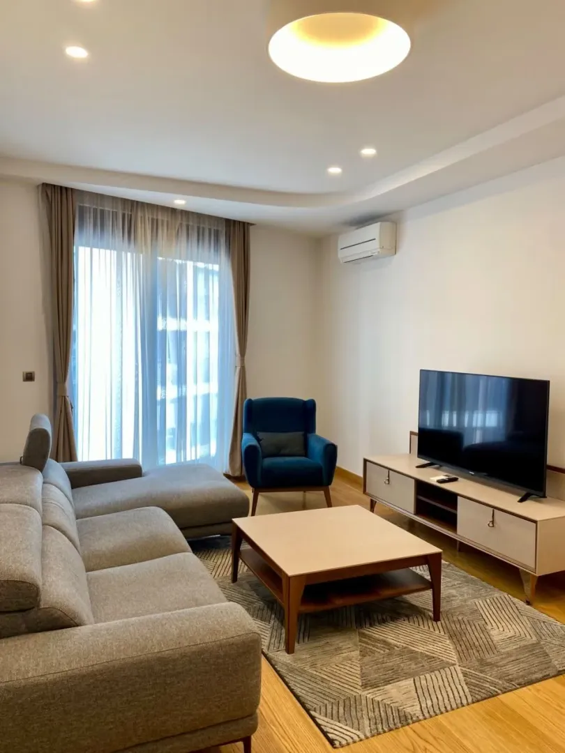 Modern living room with a sofa, armchair and TV unit.