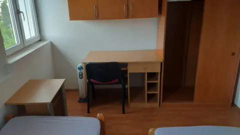 A room with a study desk, wardrobe, and beds. - image 8