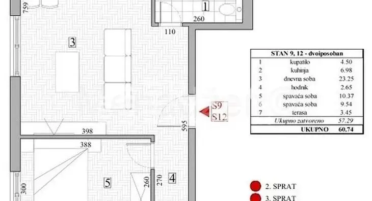 Arhitektonski plan stana sa rasporedom prostorija i kvadraturom.