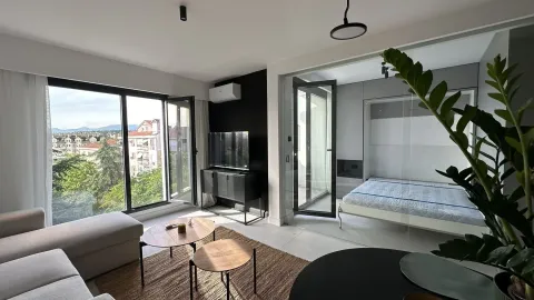 Moderan dnevni boravak sa staklenom pregradom prema spavaćoj sobi. - image 2