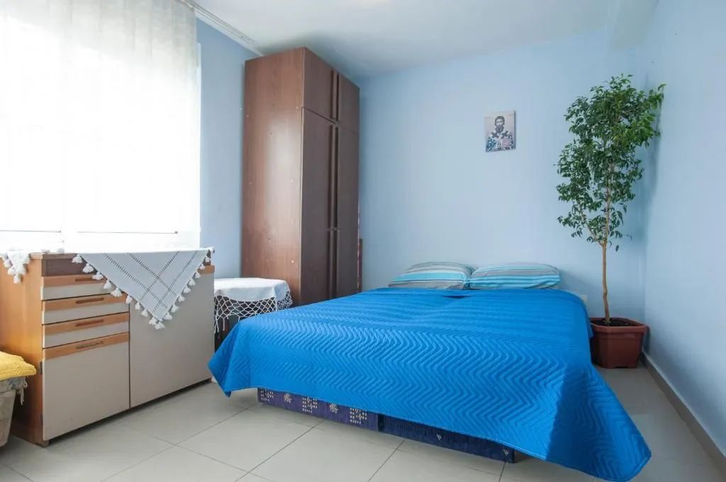 Bright bedroom with a double bed, wardrobe, and a potted plant.