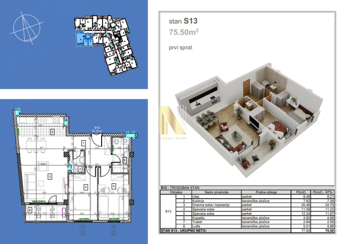 Sale, three bedroom apartment, 75m², Salajka, Novi Sad Sve Podlokacije