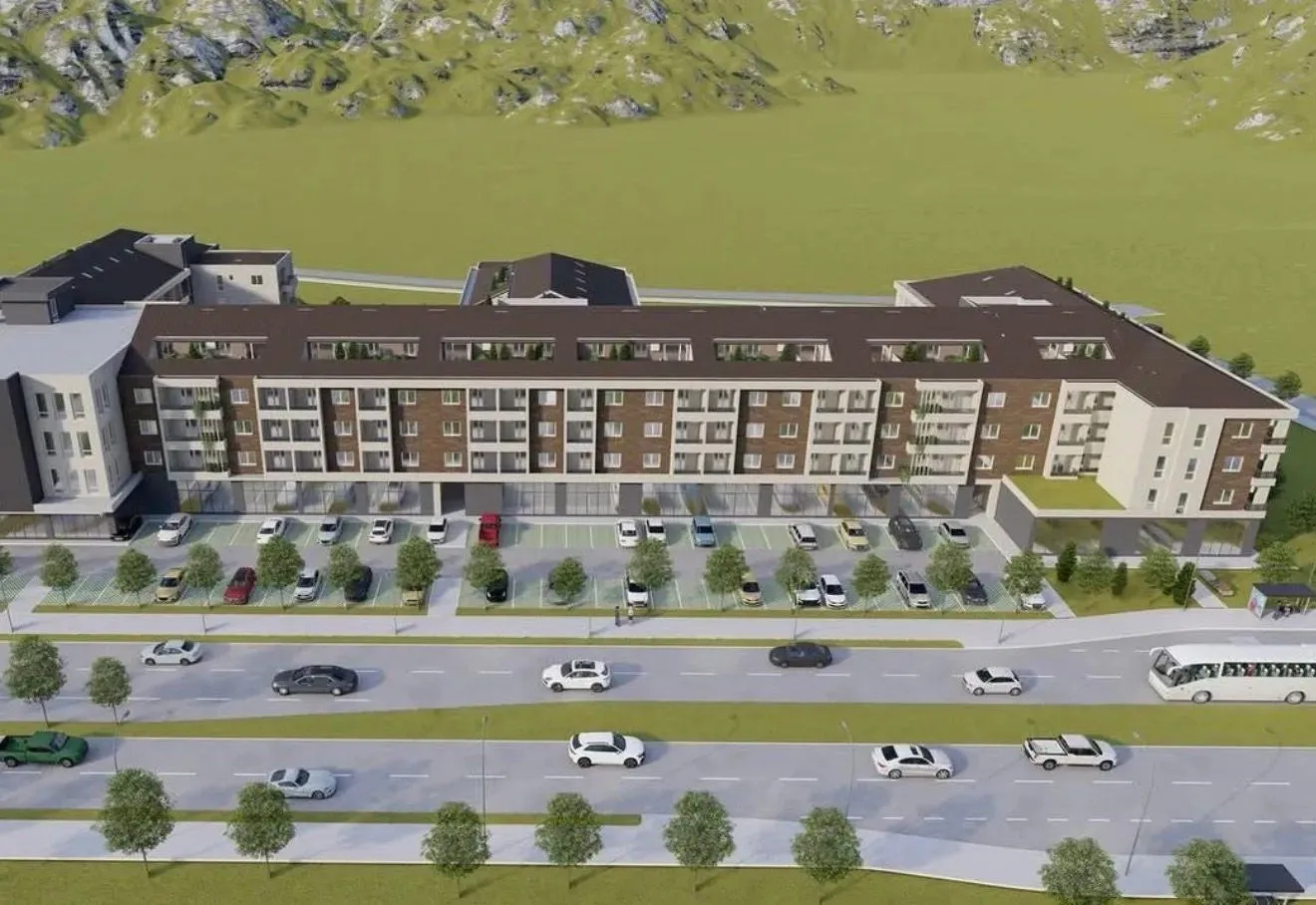 Exterior view of the residential building with parking and surrounding area.