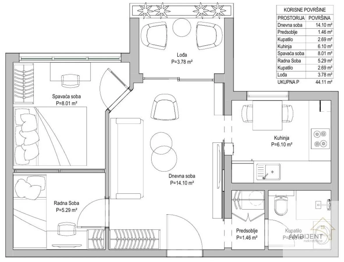 Floor plan of the apartment with room layout and surface areas.