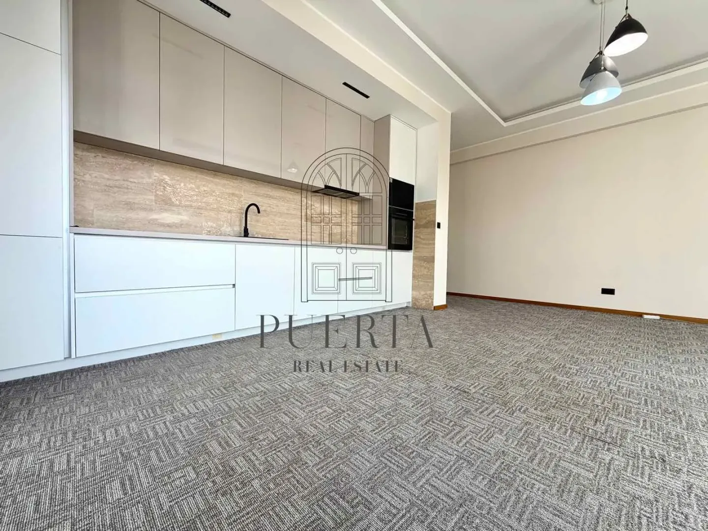 Modern kitchen within a bright open-plan space with carpeted flooring.