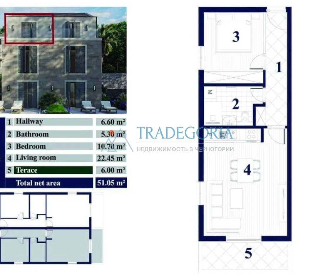 Prodaja, jednosoban stan, 51m², Prčanj, Kotor