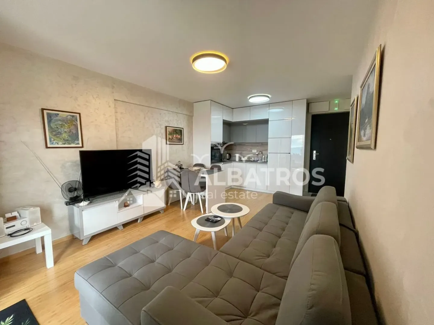 Living room with a sofa, TV, and kitchen in the background.
