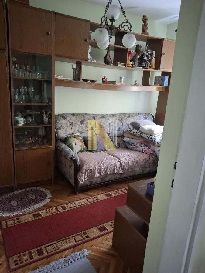 Dnevna soba sa kaučem, drvenim nameštajem i tepihom.