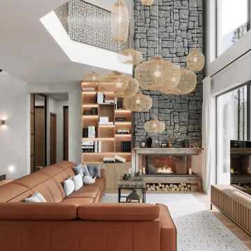 Prostrani dnevni boravak sa kaminom, visokim plafonima i modernim lusterima od pruća. - image 11