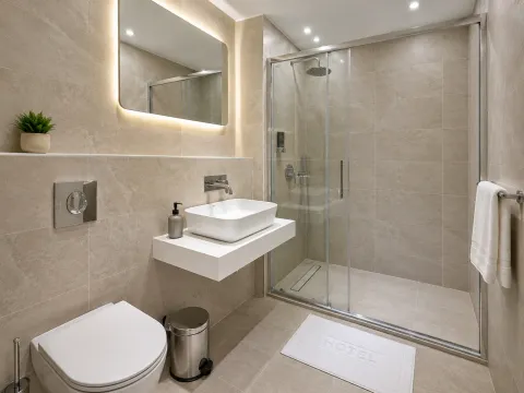 Moderne kupatilo sa tuš kabinom, umivaonikom i ugrađenim wc šoljom. - image 13