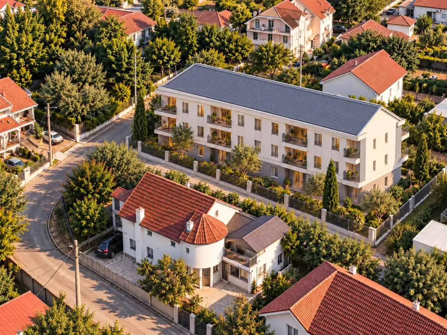Pogled iz vazduha na stambenu zgradu i okolno naselje sa zelenilom.