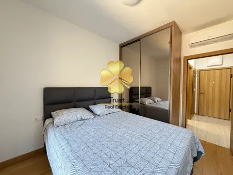Furnished bedroom with a double bed and a built-in mirrored wardrobe. - image 11