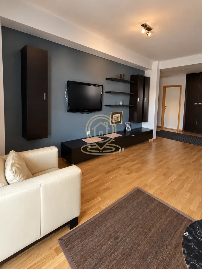 Living room with a sofa, TV, and dark accent wall with shelving units.