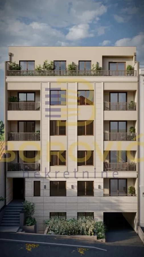 Spoljašnji izgled moderne stambene zgrade sa terasama i uređenim ulazom.