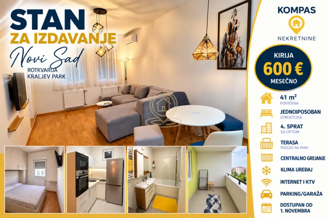 Rent, one bedroom apartment, 41m², Rotkvarija, Novi Sad Sve Podlokacije
