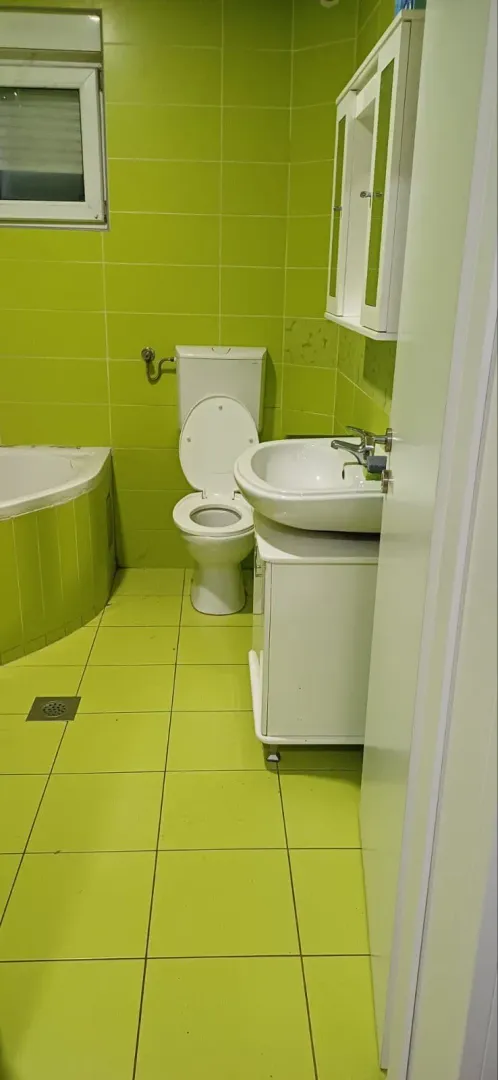 Small bathroom with green tiles, washbasin, and toilet.