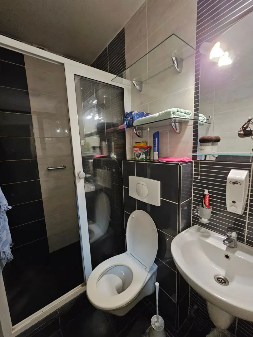 Compact bathroom with a shower cabin, toilet, and washbasin.
