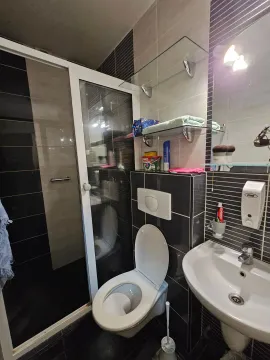 Compact bathroom with a shower cabin, toilet, and washbasin. - image 14