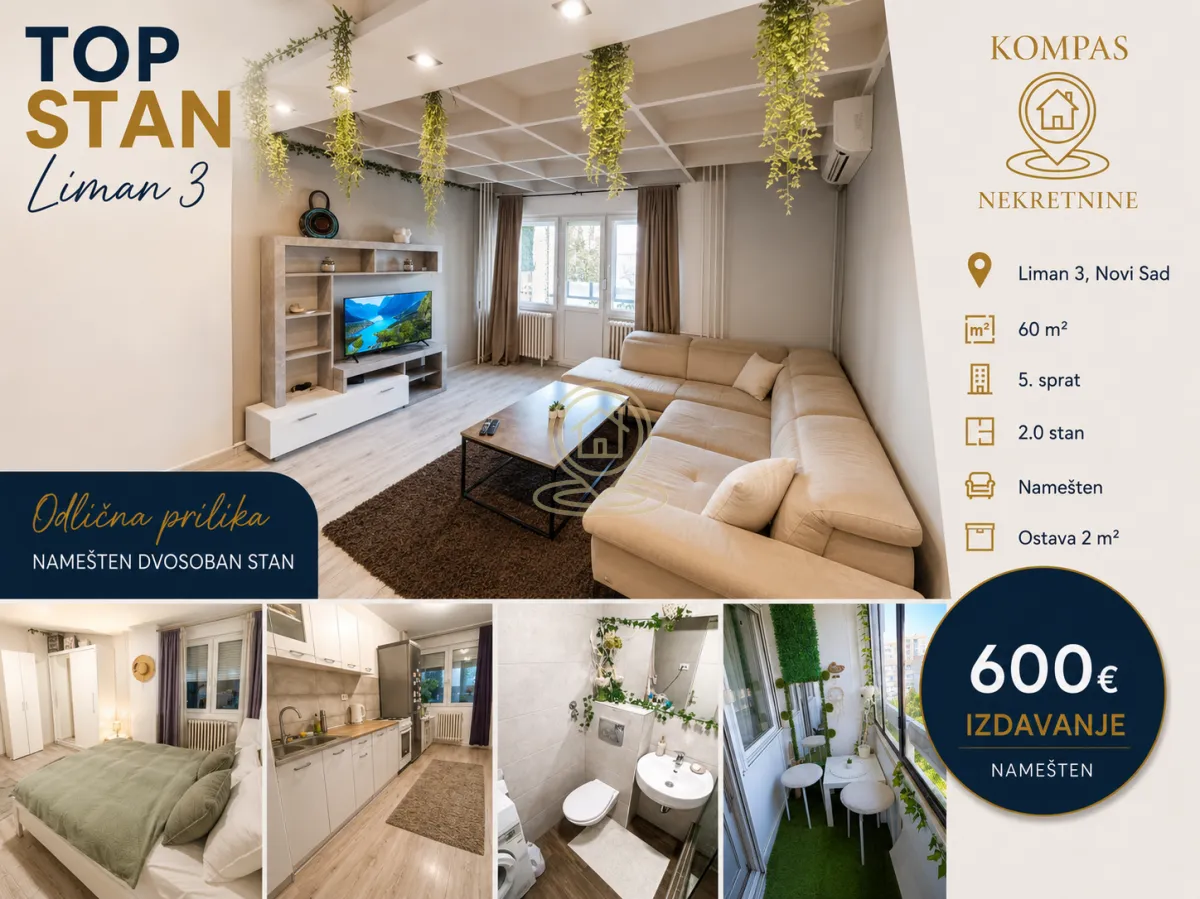 Izdavanje, dvosoban stan, 60m², Liman 3, Novi Sad Sve Podlokacije