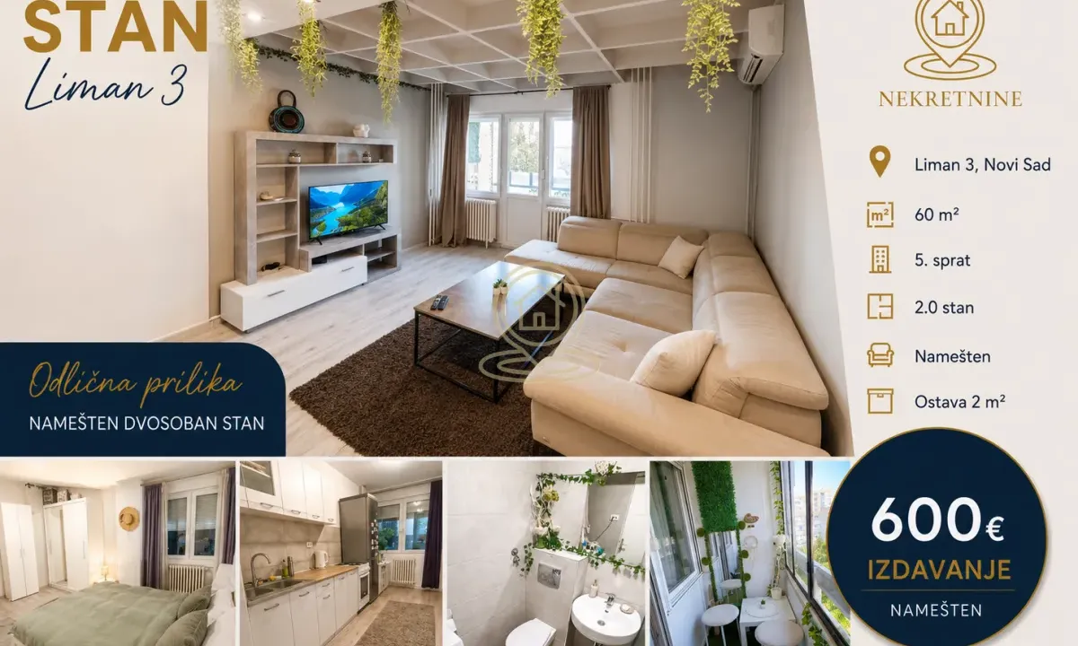 Izdavanje, dvosoban stan, 60m², Liman 3, Novi Sad Sve Podlokacije