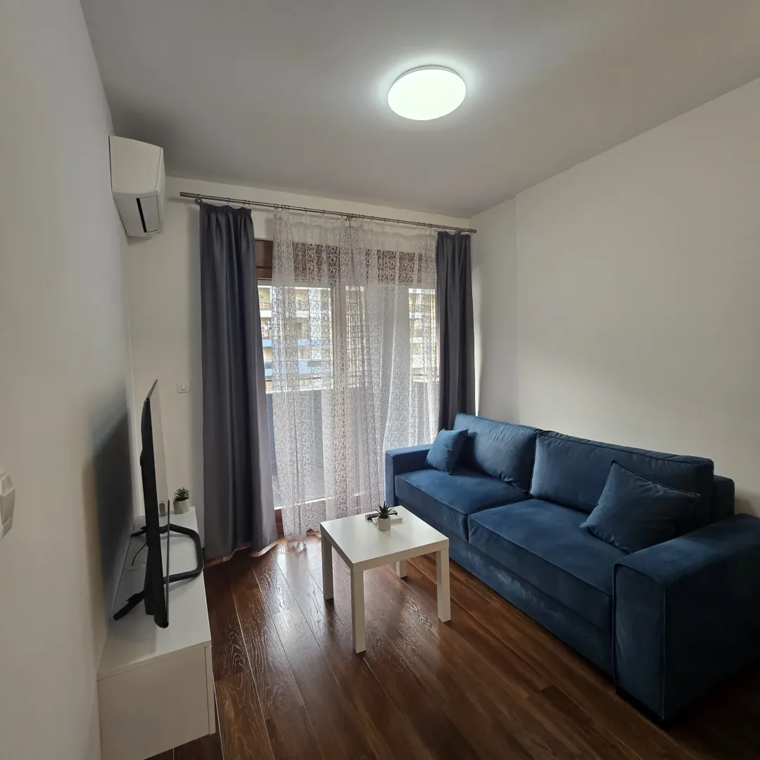 Living room with a blue sofa, coffee table, and television.