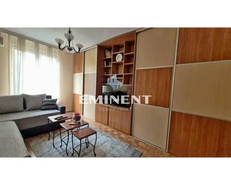 Living room with a sofa and a large built-in closet with TV shelves. - image 2