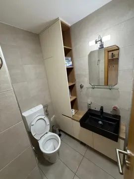 Modernly equipped bathroom with a sink, toilet, and built-in storage units. - image 9