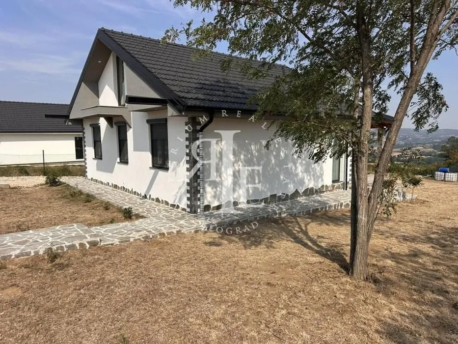 Exterior view of the house with a yard and paved paths.