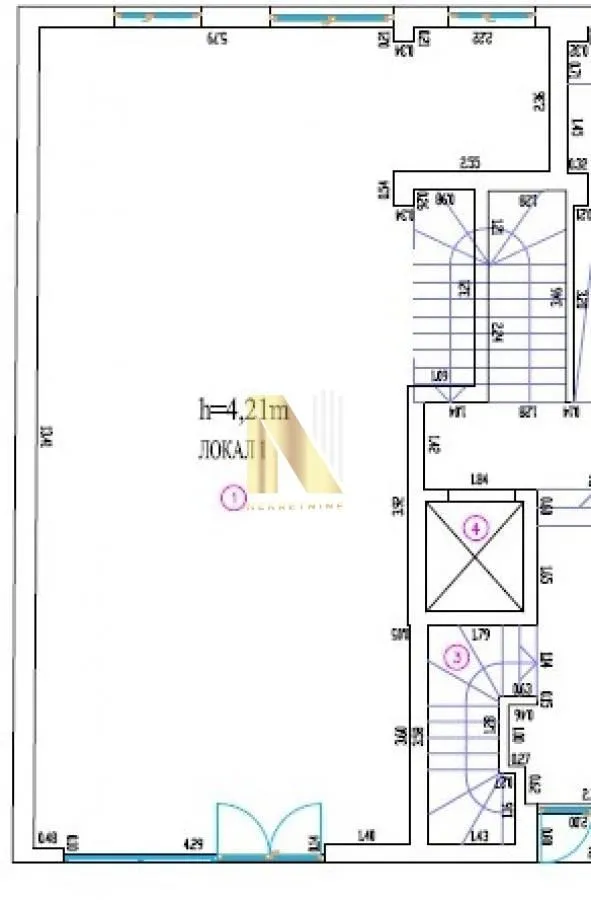 Floor plan of the space with dimensions and staircase.