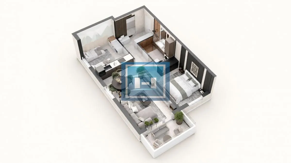 3D floor plan of a furnished apartment with a living room, kitchen, bedroom, and bathroom.