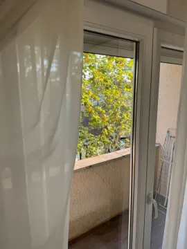 View through a window with a curtain towards green trees and a balcony. - image 6