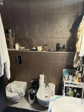 Kupatilo sa tamnim pločicama i sanitarijama. - image 9